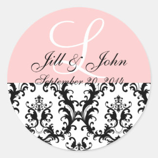 Sticker Rond Monogramme Noms Date Damask Mariage rose