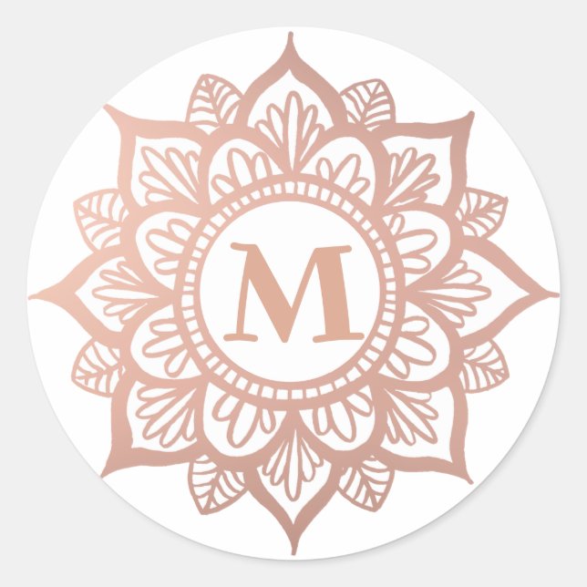 Sticker Rond Monogramme Nouveau Rose Gold Mandala (Devant)