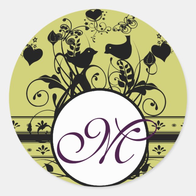 Sticker Rond Monogramme Oiseaux Mariages Coeurs Éclosions (Devant)
