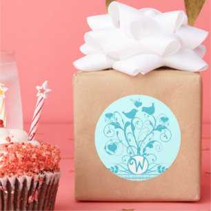 Sticker Rond Monogramme Oiseaux Mariages Coeurs Éperlations Aqu