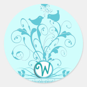 Sticker Rond Monogramme Oiseaux Mariages Coeurs Éperlations Aqu