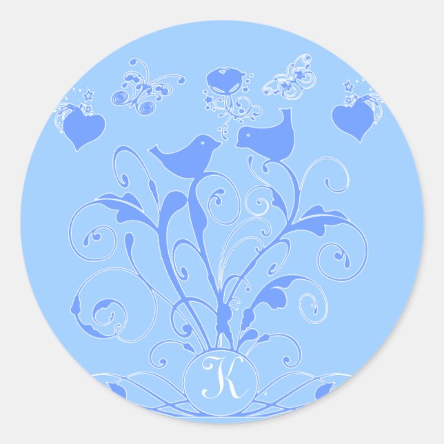 Sticker Rond Monogramme Oiseaux Mariages Coeurs Éperons Bleu (Devant)