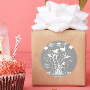 Sticker Rond Monogramme Oiseaux Mariages Coeurs Flux blanc sur 