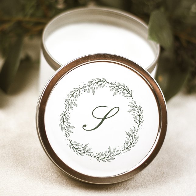 Sticker Rond Monogramme Olive Green Wreath Classic Script Maria (Créateur téléchargé)