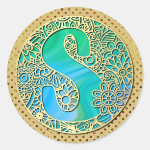 Sticker Rond Monogramme Or et Turquoise S et Fleurs colorées