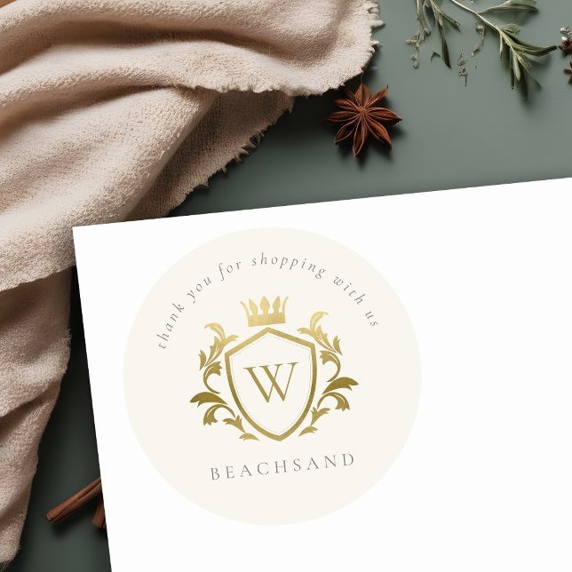 Sticker Rond Monogramme or Floral Couronne Crest Order Merci (Créateur téléchargé)