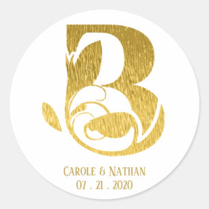 Sticker Rond Monogramme or Floral LETTRE INITIALE B Mariage