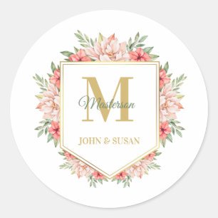 Sticker Rond Monogramme Or Personnalisé Cadre Floral