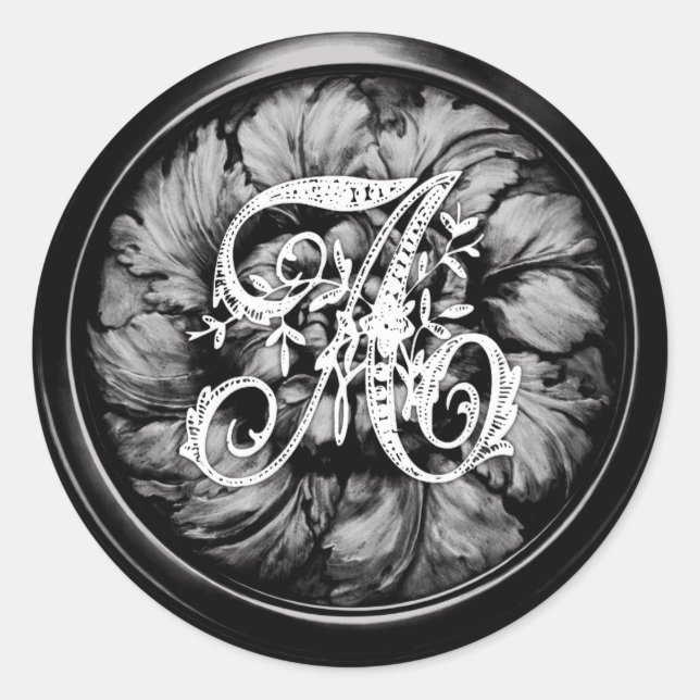 Sticker Rond Monogramme Orné de Lettres Blanches et Noires  (Devant)