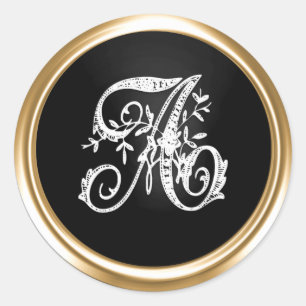 Sticker Rond Monogramme Orné de Toutes Lettres Blanches et Noir