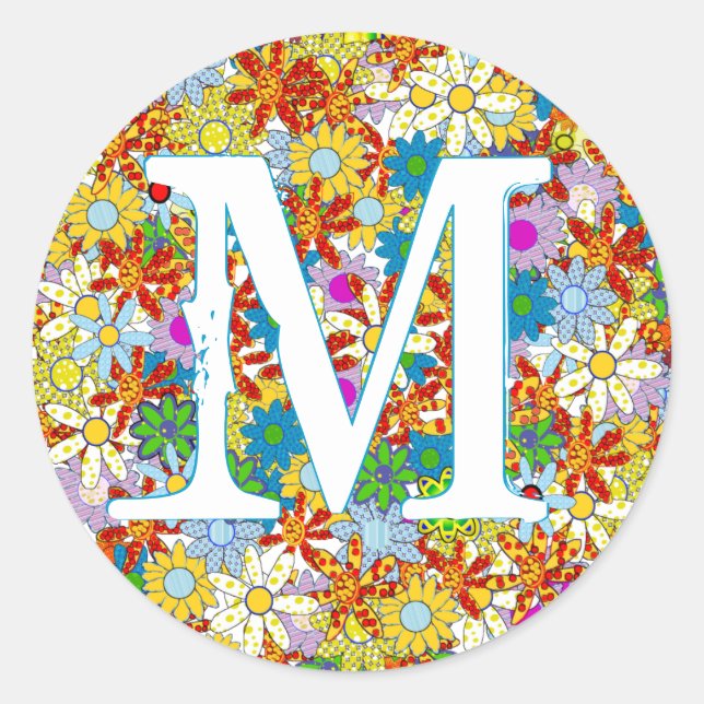 Sticker Rond Monogramme ou nom personnalisé Motif floral (Devant)