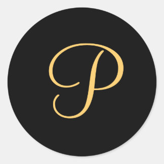 Sticker Rond Monogramme P, de couleur or, P initial sur le noir