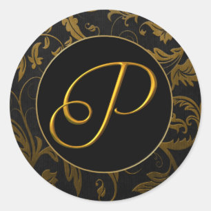 Sticker Rond Monogramme P Gold et Black Mariage damassé Seal