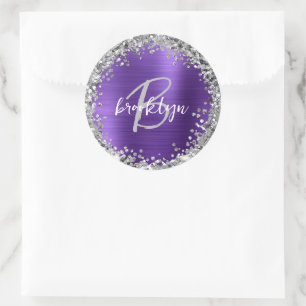 Sticker Rond Monogramme Pailleté Argent Métal Brossé Violet