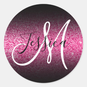 Sticker Rond Monogramme Pailleté Faux Rose Chaud Ombre Noir Élé