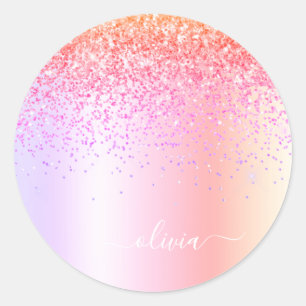 Sticker Rond Monogramme Pailleté Rose Gold Arc-en-Ciel Pastel V