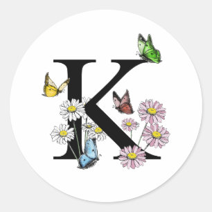 Sticker Rond Monogramme papillon aquarelle florale lettre K 