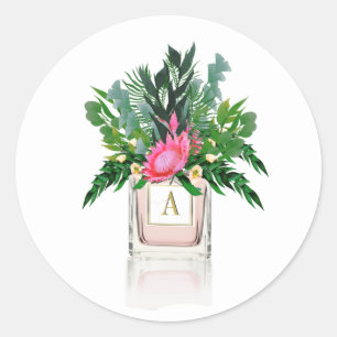 Sticker Rond Monogramme Parfum Bouteille Fleurs Protea Élégant