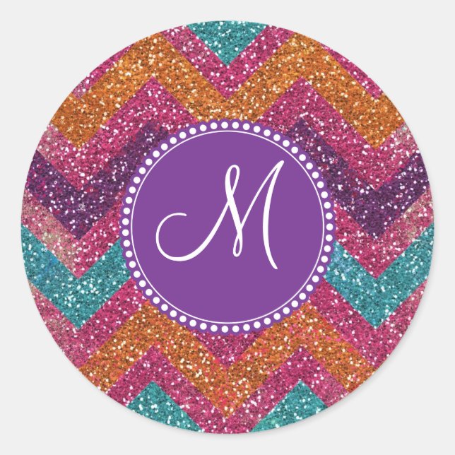 Sticker Rond Monogramme Parties scintillant Chevron rose violet (Devant)