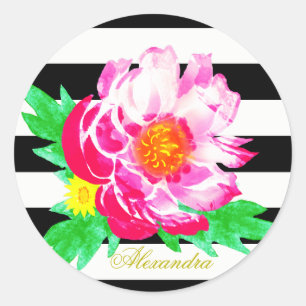 Sticker Rond Monogramme Peony rose sur Stick rond noir et blanc