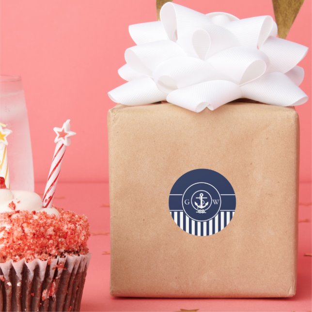 Sticker Rond Monogramme personnalisé Ancre et ligne nautiques t (Fête)