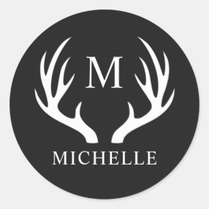 Sticker Rond Monogramme personnalisé avec Antler Cerf Blanc Noi
