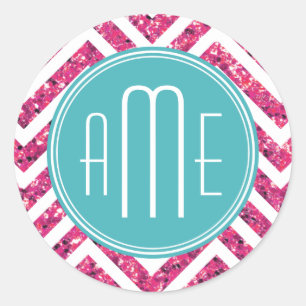 Sticker Rond Monogramme personnalisé avec paillettes roses et m