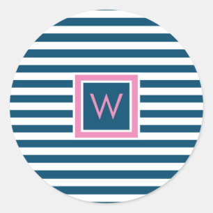 Sticker Rond Monogramme personnalisé bleu ardoise et rayures bl