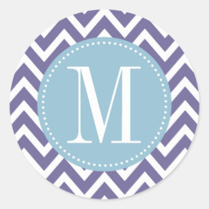 Sticker Rond Monogramme personnalisé Chevron bleu clair et viol