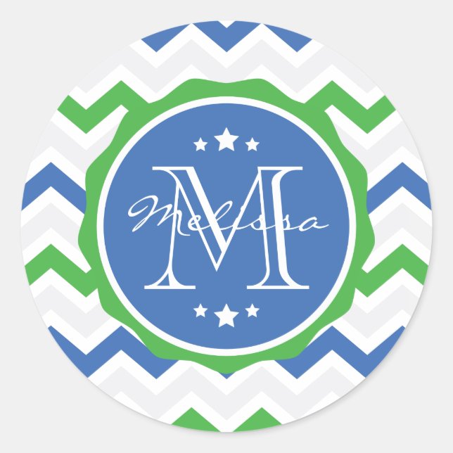Sticker Rond Monogramme personnalisé Chevron bleu et vert (Devant)