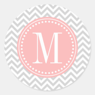 Sticker Rond Monogramme personnalisé Chevron Zigzag gris clair