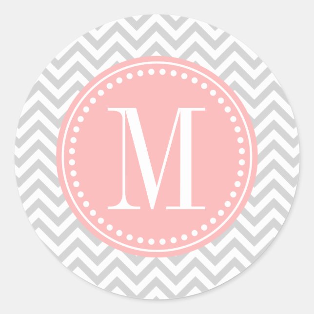 Sticker Rond Monogramme personnalisé Chevron Zigzag gris clair (Devant)