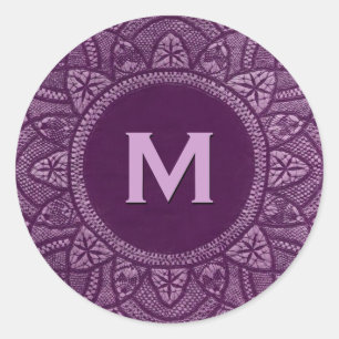 Sticker Rond Monogramme personnalisé de dentelle Vintage violet