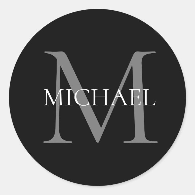 Sticker Rond Monogramme personnalisé et nom noir (Devant)