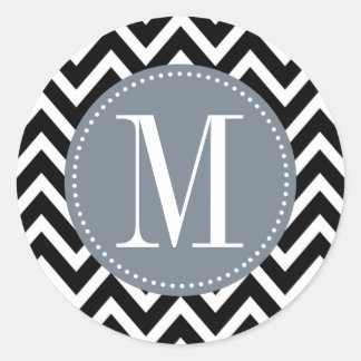Sticker Rond Monogramme personnalisé gris et noir Chevron