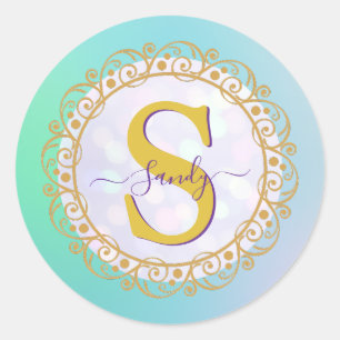 Sticker Rond Monogramme personnalisé Mandala Gold et bleu