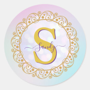 Sticker Rond Monogramme personnalisé Mandala Gold et bleu