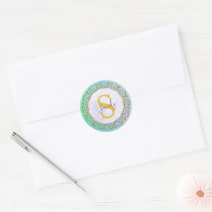 Sticker Rond Monogramme personnalisé Mandala Gold et turquoise
