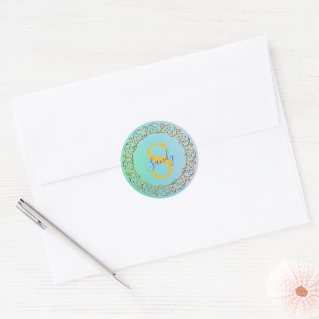 Sticker Rond Monogramme personnalisé Mandala Gold et turquoise (Enveloppe)
