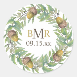 Sticker Rond Monogramme personnalisé Mariage de automne Acorn W