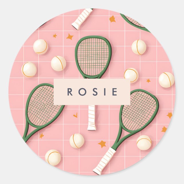 Sticker Rond Monogramme Personnalisé Retro Tennis Racket Motif (Devant)