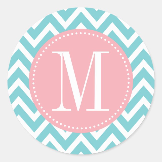 Sticker Rond Monogramme personnalisé rose et bleu clair Chevron (Devant)