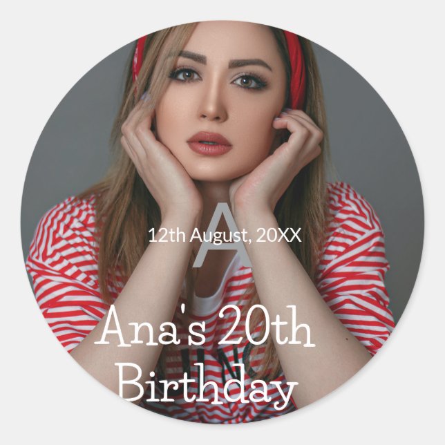 Sticker Rond Monogramme photo joyeux 20e anniversaire gris blan (Devant)