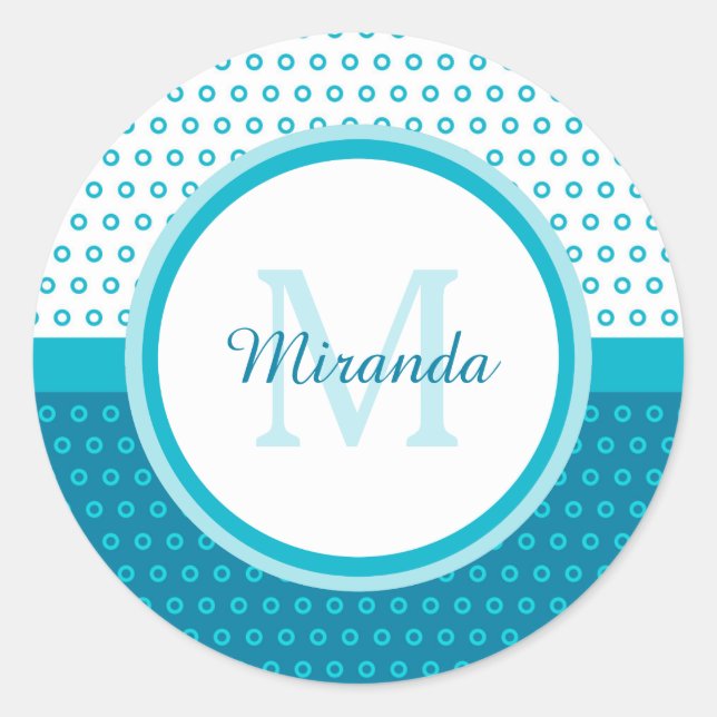 Sticker Rond Monogramme Pois bleu turquoise mod avec nom (Devant)