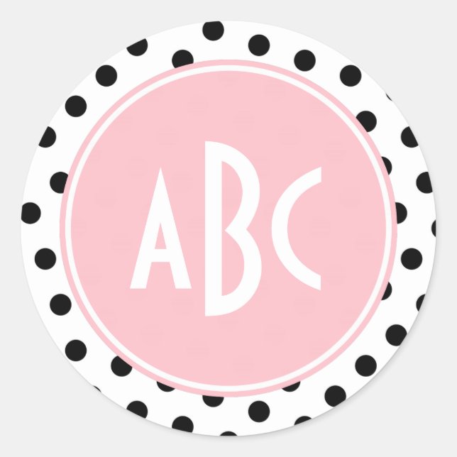 Sticker Rond Monogramme Pois rose blanc et noir (Devant)