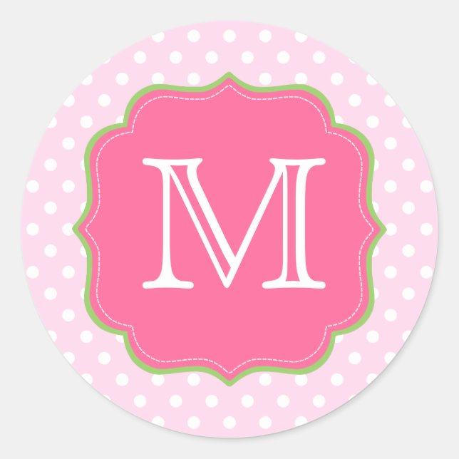 Sticker Rond Monogramme pois rose et vert (Devant)