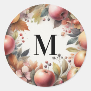 Sticker Rond Monogramme Pommes d'automne dans des couleurs past