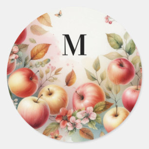 Sticker Rond Monogramme Pommes d'automne dans des couleurs past