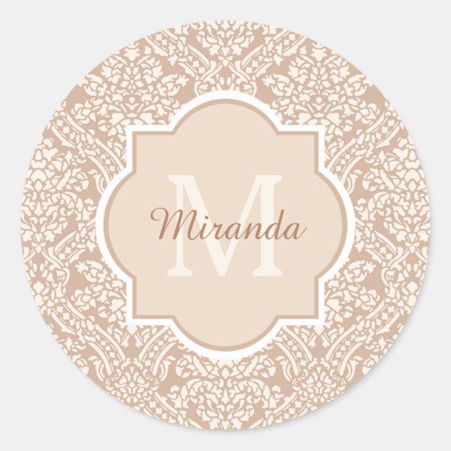 Sticker Rond Monogramme Posh Tan Damask Avec Nom (Devant)