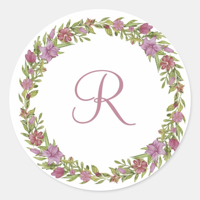 Sticker Rond Monogramme Première couronne rose violet vert flor (Devant)